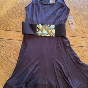 Nue by Shani Asymmetrical Dress in Dark Brown with Gold Accents